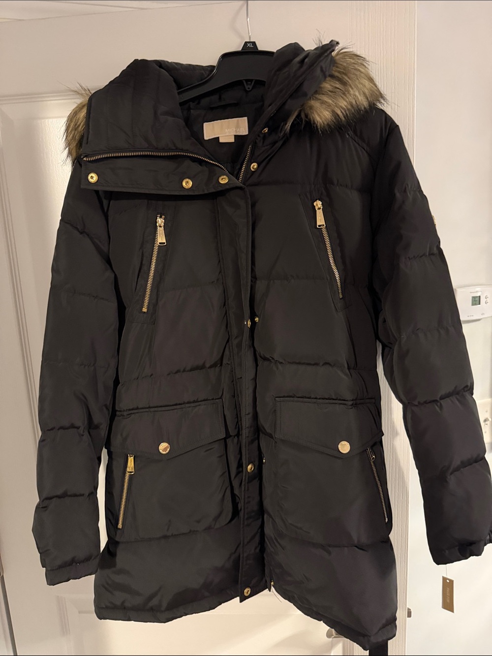 Women's Michael Kors Black Puffer Coat with Faux-Fur Trim, Size XXL